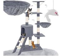 tectake® Arbol Rascador para Gatos, Rascador 144cm, Caseta, Varias Alturas, 3 Ratones de Juguete, Nido, Protección Antivuelco, Estructura Robusta, Rascador Gato, Juguetes para Gatos - Gris