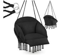 tectake® Cesta Colgante de Estilo Boho Ø 80 cm, Cojines Gruesos de 10-12 cm, Sillón Balancín con Robustas Borlas y 2 Anillas de Fijación, para Interior y Exterior, Cap. de Carga: 160 kg - Negro