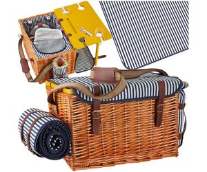tectake® Cesta Picnic de Mimbre 4 Personas, con Manta Impermeable, Nevera Portatil, Mesa, Nevera Playa, Cesta Mimbre Vajilla de 20 Piezas, sacacorchos, salero y Enfriador de Vino - Modelo Langeoog