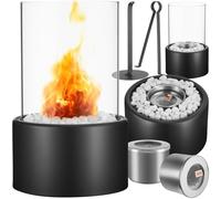 tectake® Chimenea de Mesa bioetanol, Resistente al Calor, para Interior y Exterior, Cilindro de Vidrio y Piedras Blancas Decorativas, Mini Chimenea bioetanol Elegante - Negro