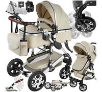 tectake® Cochecito Bebé Combinado 2 en 1, Carrito Bebé Plegable con Capazo Extraíble, Silla de Paseo con Respaldo Ajustable, Arnés de 5 Puntos, Freno de Pie y Capota Plegable, Carro Bebés - gris/beige