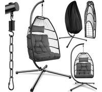 tectake® Columpio Jardín Exterior, Silla Colgante con Cojín Extragrueso, Sillón Balancín con Estructura de Acero y 4 Pies en Base, Hamaca Colgante Interior/Exterior, Plegable, Capacidad 160Kg - Gris