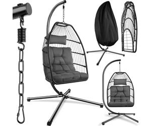 tectake® Columpio Jardín Exterior, Silla Colgante con Cojín Extragrueso, Sillón Balancín con Estructura de Acero y 4 Pies en Base, Hamaca Colgante Interior/Exterior, Plegable, Capacidad 160Kg - Gris