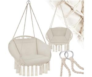 tectake® Columpio Jardín Exterior, Silla Colgante con Cojín Grande y Mullido, Sillón Balancín con Estructura Estable de Acero, Hamaca Colgante para Interior y Exterior, Trenzado en Algodón - Beige