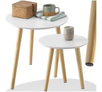 TecTake® Conjunto de 2 Mesas Auxiliares, Estilo Escandinavo, Mesa Redonda, Patas de Madera Sólida, Protectores Antideslizantes, Muebles Auxiliares para Salón, Mesa de Comedor - Marrón/Blanco