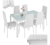 tectake® Conjunto de Comedor 130 x 70 x 75 cm, Mesa con 6 Sillas Tapizadas | Acolchado de Cuero Sintético, Acero Estable, Cristal Templado, Protectores de Patas, Diseño Moderno, Fácil Limpieza, Blanco