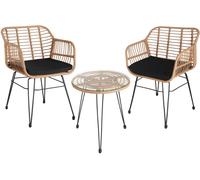 TecTake® Conjunto Jardín Exterior de Ratán y Acero para 2 Personas, Muebles Jardín Exterior Resistentes a Intemperie, 2 Sillas con Cojines (Fundas Extraíbles), 1 Mesa con Cristal - Negro