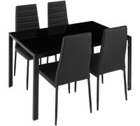 Tectake - Conjunto de mesa y 4 sillas de comedor BERLIN, Acolchado con funda de cuero sintético muy resistente, Tablero de la mesa robusto, de vidrio de seguridad, Acero estable, Protectores de