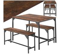 TecTake® Conjunto de Mesa y Bancos, Estilo Industrial Minimalista, Mesa de Comedor con Banco, Muebles para Salón y Cocina, Marco de Acero y Madera con Revestimiento en Polvo, Fácil Montaje - Oscuro