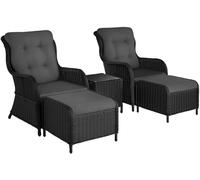 Tectake Conjunto de ratán, 2 sillones, 2 taburetes, cojines, 1 mesa negro/gris