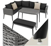 TecTake® Conjunto Jardín Combinable en Ratán y Aluminio con Cojines, Conjunto Terraza Resistente a la Intemperie, Muebles Jardín Exterior 1 Sofá, 1 Banco, 1 Mesa con Cristal, Fundas Extraíbles - Gris