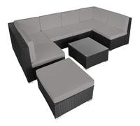 tectake® Conjunto Jardín de Ratán Cojines, Conjunto Terraza Combinable y Resistente a la Intemperie, Muebles Jardín Exterior 6 Sillones, 1 Mesa, 1 Taburete, Estructura y Tornillos Acero - negro/gris