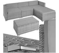 TecTake® Conjunto Jardín de Ratán Cojines Grosor 8 cm, Muebles Jardín Exterior 3 Sillones, 1 Mesa con Cristal, 1 Taburete, Conjunto Terraza Resistente a la Intemperie, Bastidor Acero - Gris Claro/Gris