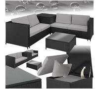 TecTake® Conjunto Jardín de Ratán Combinable con Cojines de Grosor 8 cm, Conjunto Terraza en Acero y Resistente a la Intemperie, Muebles Jardín Exterior 2 Sofás, 1 Mesa, 1 Caja Almacenaje - Negro/Gris