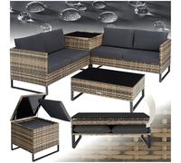 tectake® Conjunto Jardín de Ratán con Cojines Gruesos, Muebles Jardín Exterior 2 Sofás, 1 Mesa Cristal, 1 Caja Almacenamiento, Conjunto Terraza Resistente a la Intemperie, Estructura Acero - natural