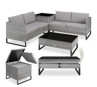 tectake® Conjunto Jardín de Ratán con Cojines, Muebles Jardín Exterior 2 Sofás, 1 Mesa Cristal, 1 Caja Almacenamiento, Conjunto Terraza Resistente a la Intemperie, Estructura Acero - Gris Jaspeado