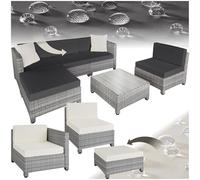 tectake® Conjunto Jardín de Ratán con Cojines y 2 Juegos de Fundas, Conjunto Terraza Resistente a la Intemperie, Muebles Jardín Exterior 4 Sillones, 1 Mesa, 1 Puf, con Tornillos en Acero - Gris Claro