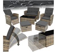 tectake® Conjunto Jardín de Ratán con Pies y Respaldo Ajustable, Muebles Jardín Exterior 1 Sofá, 2 Sillones, 2 Taburetes, 1 Mesa con Cristal, Conjunto Terraza con Cojines y Fundas Extraíbles - natural