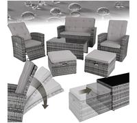 tectake® Conjunto Jardín de Ratán con Pies y Respaldo Ajustable, Muebles Jardín Exterior 1 Sofá, 2 Sillones, 2 Taburetes, 1 Mesa con Cristal, Conjunto Terraza con Cojines y Fundas Extraíbles - Negro