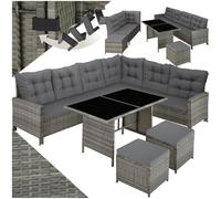 TecTake® Conjunto Jardín de Ratán Mesa y Cojines, Conjunto Terraza Resistente a la Intemperie y Combinable, Muebles Jardín Exterior 5 Piezas, Sofá de Esquina, 2 Taburetes y 1 Mesa, Acero - Gris/Beige