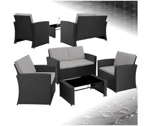 tectake® Conjunto Jardín de Ratán y Acero, Muebles Jardín Exterior, 2 Sillones, 1 Sofá, 1 Mesa con Cristal, Conjunto Terraza Resistente a Intemperie, con Cojines, Fundas Extraíbles - Negro/Gris