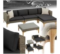 TecTake® Conjunto Jardín en Ratán y Aluminio, Cojines 8 cm, Conjunto Terraza Resistente a la Intemperie, Muebles Jardín Exterior 1 Sillón, 1 Taburete, 1 Mesa con Cristal, Fundas Extraíbles - Natural