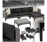 TecTake® Conjunto Jardín en Ratán y Aluminio, Cojines 8 cm, Conjunto Terraza Resistente a la Intemperie, Muebles Jardín Exterior 1 Sillón, 1 Taburete, 1 Mesa con Cristal, Fundas Extraíbles - Gris