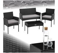 TecTake® Conjunto Jardin Exterior de Ratán, Muebles Jardin Exterior para 4 Personas, Muebles Terraza con Mesa de Vidrio, Sofa Exterior y Sillas con Cojines Lavables, Sillon Jardin Cómodo - Negro