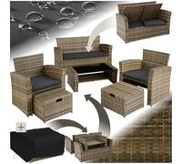TecTake® Conjunto Jardín Exterior de Ratán y Acero, Diseño Arqueado, Muebles Jardín Exterior Resistente a la Intemperie, 2 Sillones, 2 Taburetes, 1 Mesa con Cristal, con Cojines y Funda - Natural