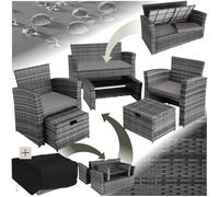 TecTake® Conjunto Jardín Exterior de Ratán y Acero, Diseño Arqueado, Muebles Jardín Exterior Resistente a la Intemperie, 2 Sillones, 2 Taburetes, 1 Mesa con Cristal, con Cojines y Funda - Gris