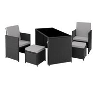 TecTake® Conjunto Jardín Exterior de Ratán y Acero, Muebles Jardín Exterior Resistente a la Intemperie, 2 Sillones Plegables, 1 Taburete, 1 Mesa con Cristal, con Cojines y Abrebotellas - Negro/Gris