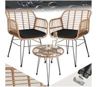 TecTake® Conjunto Jardín Exterior de Ratán y Acero para 2 Personas, Muebles Jardín Exterior Resistentes a Intemperie, 2 Sillas con Cojines (Fundas Extraíbles), 1 Mesa con Cristal - Natural
