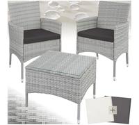tectake® Conjunto Jardín Exterior de Ratán y Acero para 2 Personas, Muebles Jardín Exterior Resistentes a Intemperie, 2 Sillones y 1 Mesa Cristal, Fácil Montaje y Limpieza, Incl. 4 Fundas - gris claro