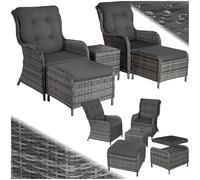 TecTake® Conjunto Jardín Exterior de Ratán y Aluminio, Muebles de Jardín Exterior Resistentes a la Intemperie, 2 Sillones, 2 Reposapiés con Cojines + Mesa Cristal, Fundas Extraíbles - Gris mot./Gris