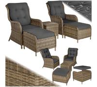 TecTake® Conjunto Jardín Exterior de Ratán y Aluminio, Muebles de Jardín Exterior Resistentes a la Intemperie, 2 Sillones, 2 Reposapiés con Cojines + Mesa Cristal, Fundas Extraíbles - Natural