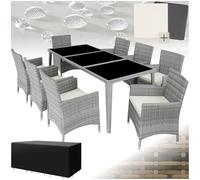 TecTake® Conjunto Jardín Exterior de Ratán y Aluminio, Muebles Jardín Exterior Resistente a la Intemperie, 8 Sillas con Cojines, 1 Mesa con Cristal, 2 Juegos de Fundas y Funda Protectora - Gris Claro