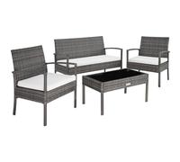 TecTake® Conjunto Jardín Exterior de Ratán y Aluminio, Muebles Jardín Exterior Resistente a la Intemperie, 2 Sillones, 1 Sofá, 1 Mesa Cristal, con Cojines de 5,5 cm y 1 Juego de Fundas - Gris