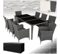 TecTake® Conjunto Jardín Exterior de Ratán y Aluminio, Muebles Jardín Exterior Resistente a la Intemperie, 8 Sillas con Cojines, 1 Mesa con Cristal, 2 Juegos de Fundas y Funda Protectora - Gris