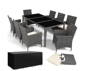 tectake® Conjunto Jardín Exterior de Ratán y Aluminio, Muebles Jardín Exterior Resistente a la Intemperie, 8 Sillas con Cojines, 1 Mesa con Cristal, 2 Juegos de Fundas y Funda Protectora - Gris