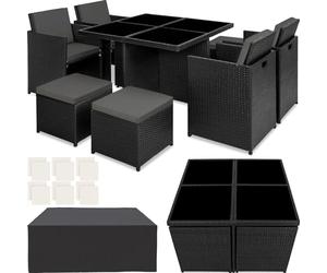 tectake® Conjunto Jardín Exterior de Ratán y Aluminio, Muebles Jardín Exterior Resistentes a la Intemperie, para hasta 8 Personas, con 2 Juegos de Fundas y Funda Protectora - Negro