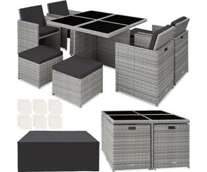tectake® Conjunto Jardín Exterior de Ratán y Aluminio, Muebles Jardín Exterior Resistentes a la Intemperie, para hasta 8 Personas, con 2 Juegos de Fundas y Funda Protectora - Gris Claro