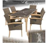 TecTake® Conjunto Jardín Exterior de Ratán y Madera, Muebles Jardín Exterior Resistentes a Intemperie, 6 Sillas con Cojines, 1 Mesa Porcelanato Gres, con Topes de Plástico en Patas -Natural