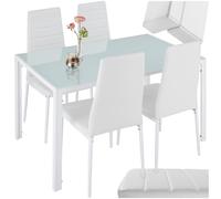 tectake® conjunto mesa y sillas de comedor, mesa con tablero cristal seguridad y 4 sillas cocina tapizadas cuero sintético, estructura acero, sillas comedor, set muebles de cocina - Blanco
