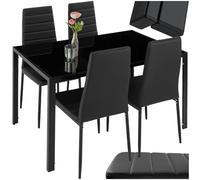 tectake® conjunto mesa y sillas de comedor, mesa con tablero cristal seguridad y 4 sillas cocina tapizadas cuero sintético, estructura acero, sillas comedor, set muebles de cocina - Negro