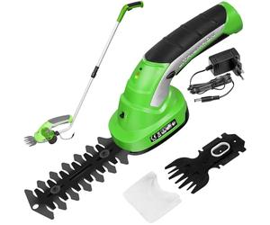 TecTake® Cortacesped Electrico 2 en 1, Cuchilla para Setos y Arbustos, 7,2V, Incluye 2 Cuchillas, Desbrozadora Electrica, Mango Telescópico con Ruedas, Cortasetos Electrico, Indicador de Carga - Verde