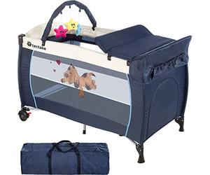 tectake® Cuna Bebe Plegable y Ajustable, Parque Infantil con Corralito y Bolsa de Transporte, Cama Infantil Portátil, Corral para Bebe - 132 x 75 x 104 cm Diseño Tigre Azul