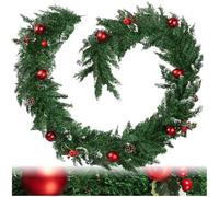 tectake® Guirnalda de Abeto Artificial con Lazo para Colgar, Navidad Decoración, Decoración Navideña Arbol, Adornos Navidad - con Bolas y Piñas, Rojo/Verde