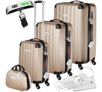 TecTake® Juego de 4 Maletas Rígidas con Báscula y Etiquetas de Equipaje, 3 Trolleys y 1 Neceser, Set de Maletas de Viaje con Ruedas de 360º, Cerradura de Combinación, Apilables Entre sí - champán