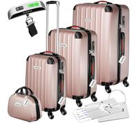 tectake® Juego de 4 Maletas Rígidas con Báscula y Etiquetas de Equipaje, 3 Trolleys y 1 Neceser, Set de Maletas de Viaje con Ruedas de 360º, Cerradura de Combinación, Apilables Entre sí - Negro