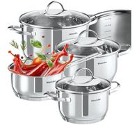 tectake® Juego de 4 ollas con tapa, 7 piezas en acero inoxidable, apto para inducción, escala de medición, asas resistentes al calor, tapa de cristal con salida de vapor, ideal cocinas y camping